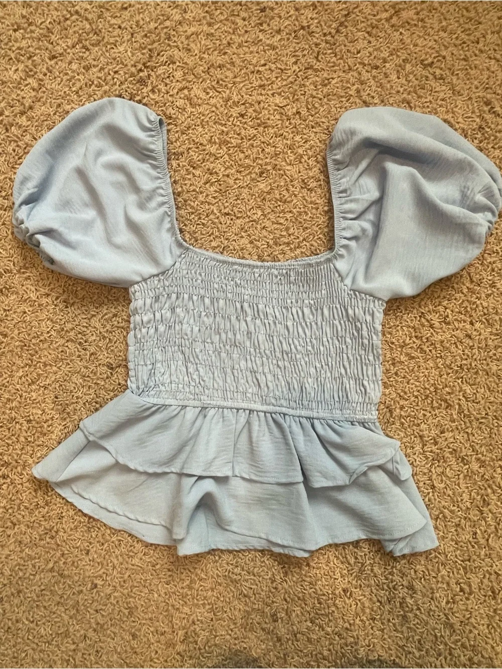 Altar'd State Light Blue Puff Sleeve Smocked Peplum Top - Picture 2 of 3